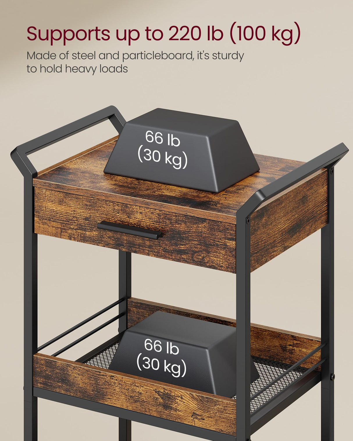 VASAGLE Storage Cart, 3-Tier Rolling Utility Cart with Table Top, Handles, 4 Lockable Casters, Top Drawer, Mesh Shelves, for Kitchen, Bathroom, Bedroom, Rustic Brown and Ink Black ULRC048K01 VASAGLE