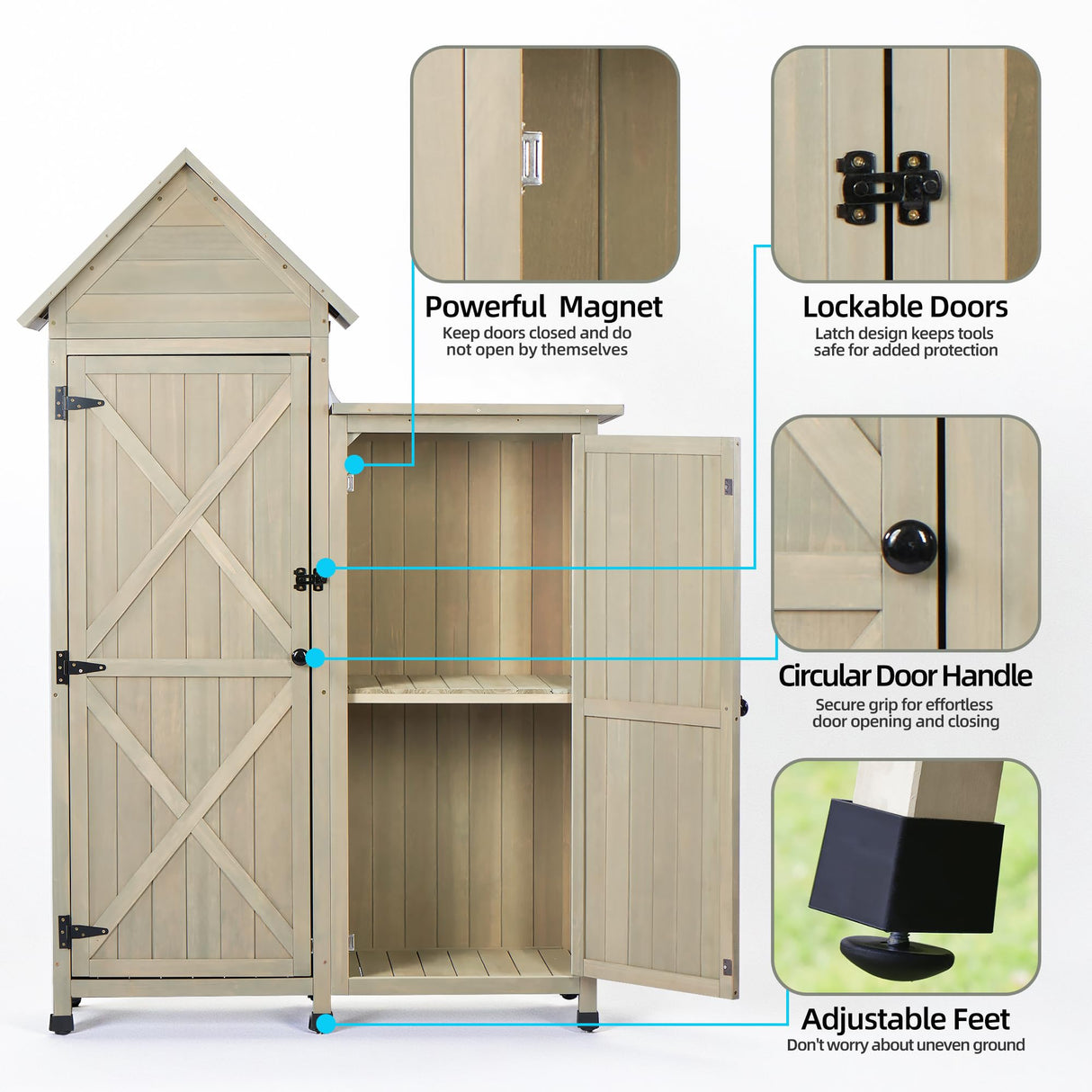 FTCBNet Outdoor Storage Cabinet - Waterproof Metal Roof & Wooden Vertical Design, Tall Garden Tool Shed with Multiple Shelves for Patio, Backyard, Lawn, Yard (Gray, 22" x 46" x 67") FTCBNet