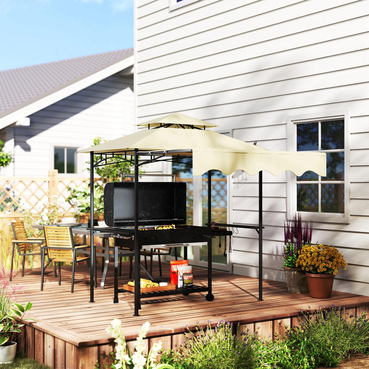Outsunny 8' x 5' Grill Gazebo, Double Tiered Outdoor BBQ Gazebo with Side Awning, 2 Side Shelves and 6 Hooks for Patio, Deck, Yard, Beige Outsunny