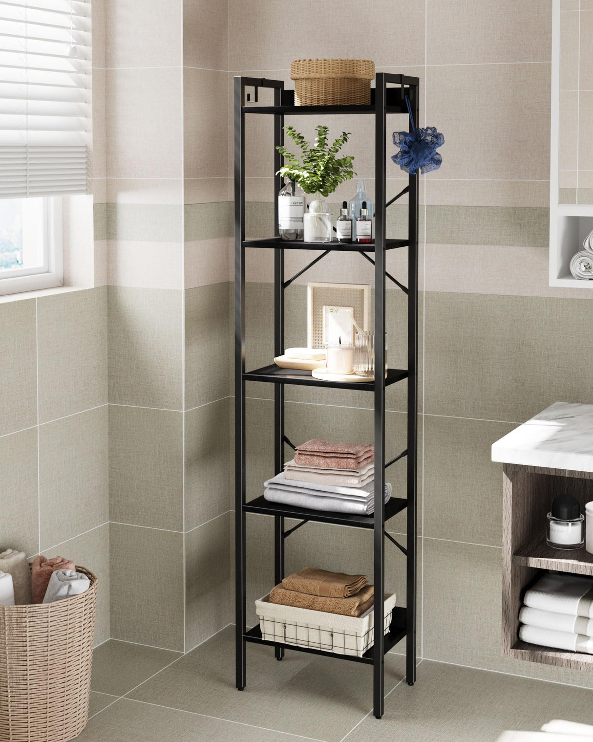 Hzuaneri Bookshelf, Book Shelf, Industrial Bookcase with 2 Hooks, Coner Shelf Storage Organizer for Home Office, Living Room, Bedroom, Kitchen, 5-Tier Black BC10504B Hzuaneri