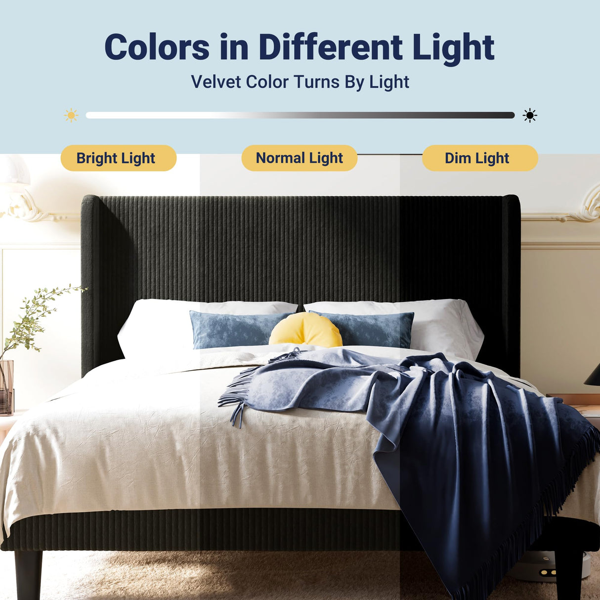 Allewie Full Size Bed Frame with Upholstered Wingback Headboard, Vertical Channel Tufted Corduroy Velvet Platform Bed, Strong Wooden Slats Support, No Box Spring Needed, Easy Assembly, Sturdy, Black Allewie