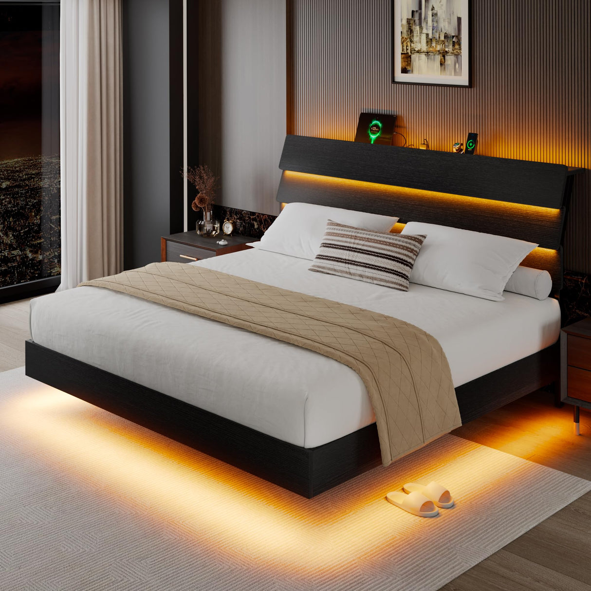 iPormis King Size Floating Bed Frame with LED Lights & Charging Station, Platform Bed with Wooden Storage Headboard, Steel Slats Support, No Box Spring Needed, Easy Assembly, Noise-Free, Black iPormis