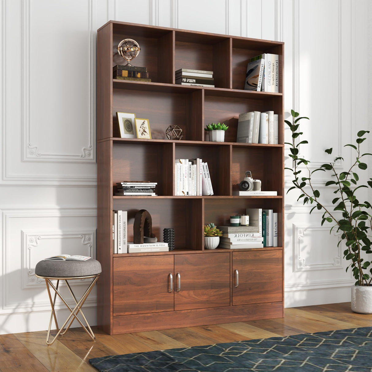 KEIKI 71" Tall Wooden Bookcase, Mid Century Modern Bookshelf with 5-Tier Storage, 3 Doors Open Style Display Shelf W/10 Cubes, Book Shelves Cabinet for Home Office Living Room, Brown KEIKI