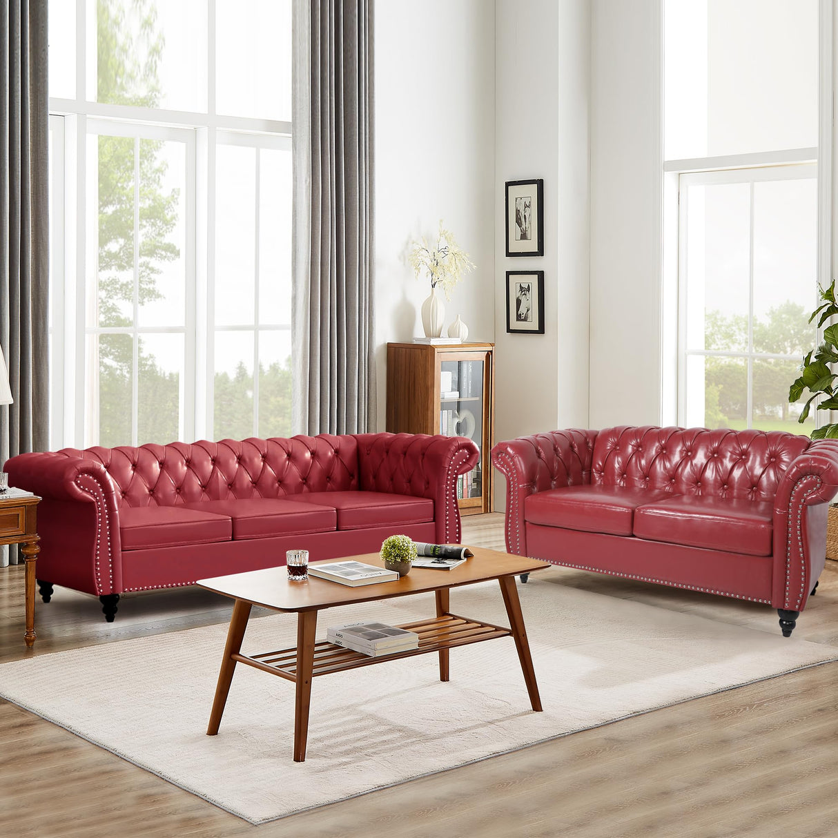 AVZEAR Chesterfield Leather Sofa 3 Seater Couch, Mid-Century Large Sofa Roll Arm Classic Tufted Settee Modern PU Sofa with Channel Tufted Seat Back for Living Room, Office, Apartment, Claret AVZEAR