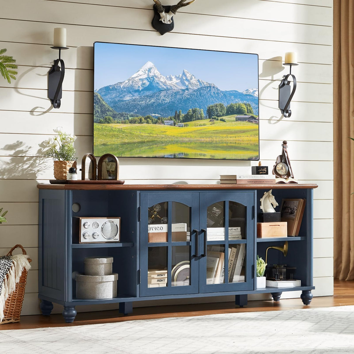 RWYHG Farmhouse TV Stand for 60 Inch TV, Wood Entertainment Center with Glass Door Storage Cabinet & Adjustable Shelves,Television Stands for 65" TVS, TV Console Table for Living Room,Bedroom,Blue RWYHG