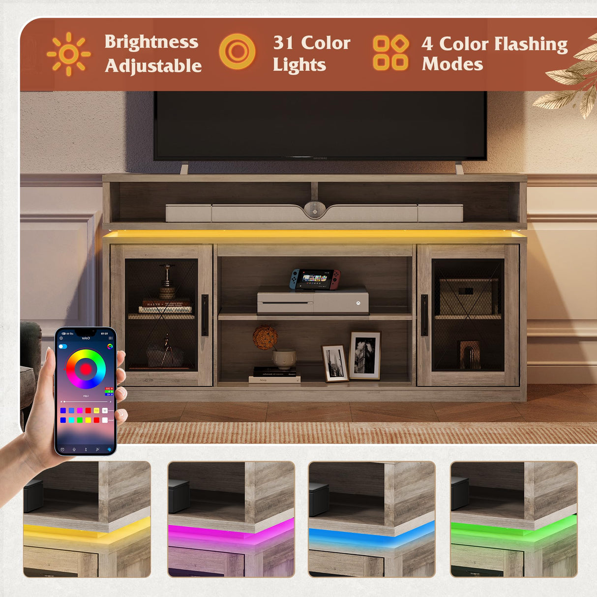 WLIVE TV Stand up to 65 Inch TV, 59" Entertainment Center with LED, Tall Farmhouse TV Media Console with Storage Cabinets for Living Room and Bedroom, Grey WLIVE