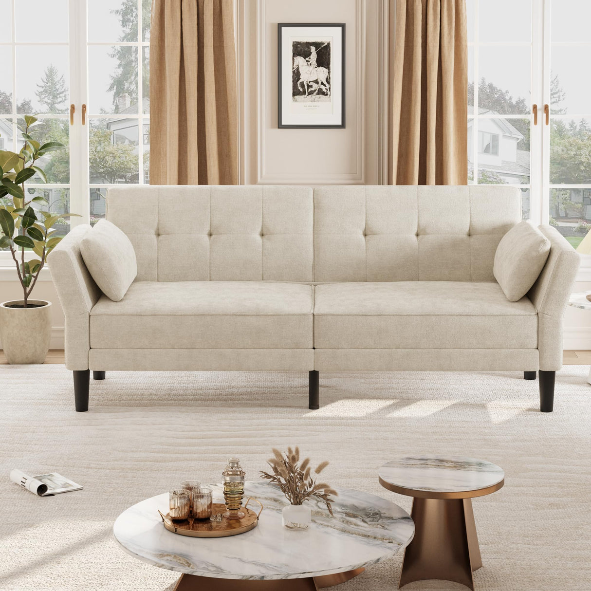 IDEALHOUSE 89" Futon Sofa Bed, Modern Chenille Sleeper Couch with Adjustable Backrest & Armrest, Convertible Futon Couch for Living Room Bedroom Apartments, Beige IDEALHOUSE