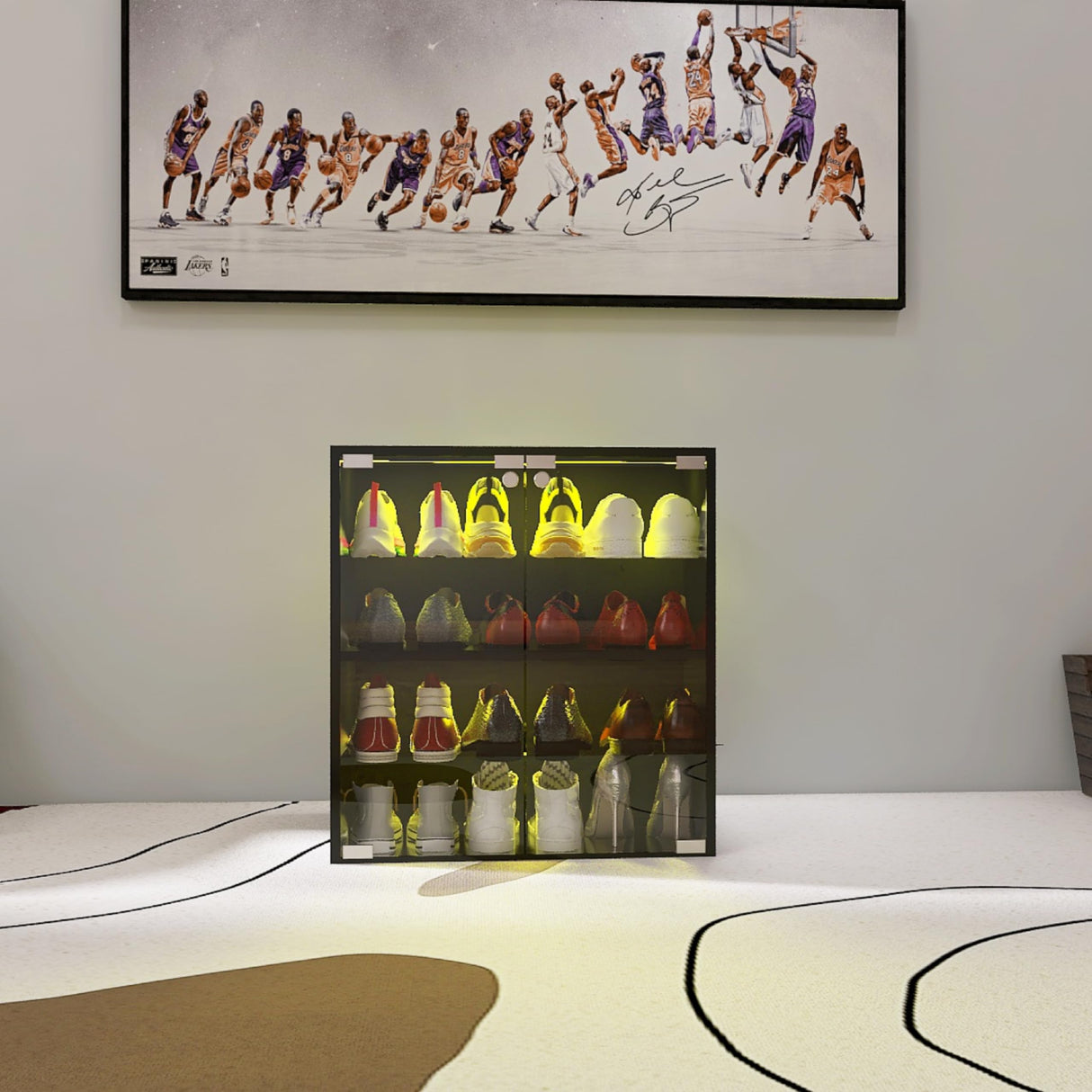 FUQIAOTEC 4 Layers LED Shoe Storage Box, Black Shoe Cabinet with Glass Doors and LED Lights, Wooden Display Shoe Box Suitable for Collection, Can be Remotely Controlled FUQIAOTEC