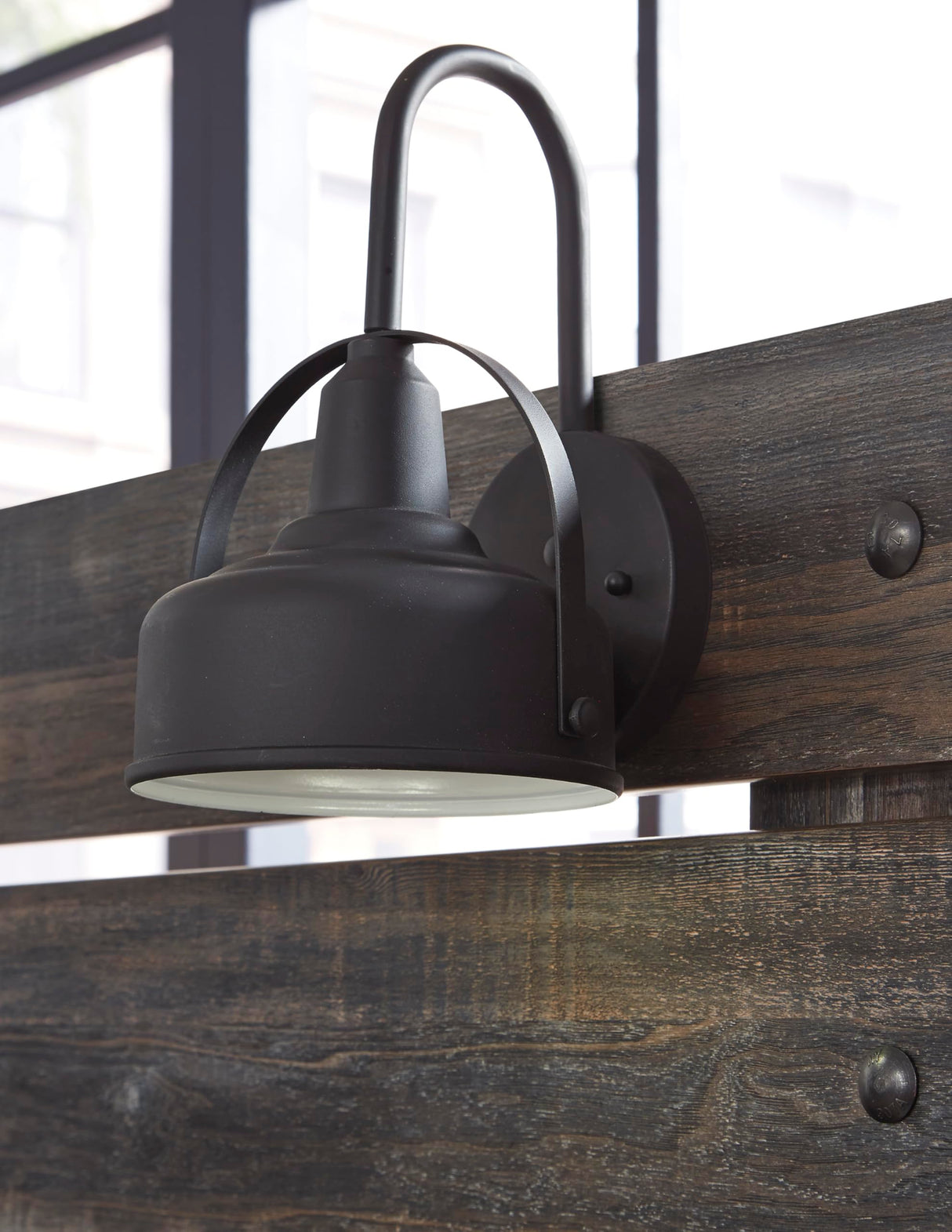 Signature Design by Ashley Drystan Rustic Queen Panel Bed, Sconce LED Lights, USB Ports and Nailheads, Foundation or Box Spring Needed, Dark Brown & Gray Signature Design by Ashley