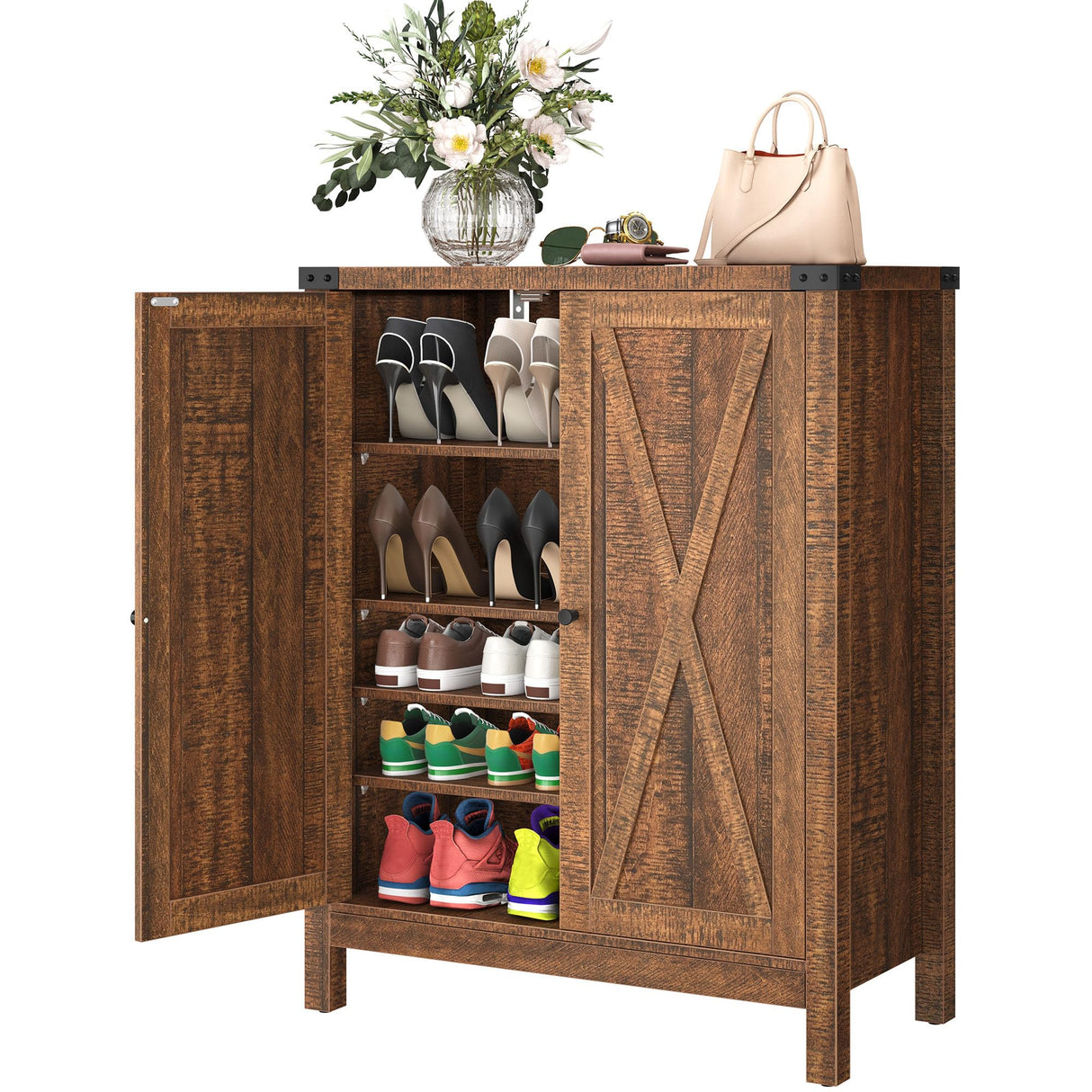 YITAHOME Shoe Cabinet with Doors, Farmhouse 5-Tier Shoe Storage Cabinet for Entryway, Large Capacity Wooden Shoes Rack Organizer for Entryway/Hallway/Closet, Brown YITAHOME