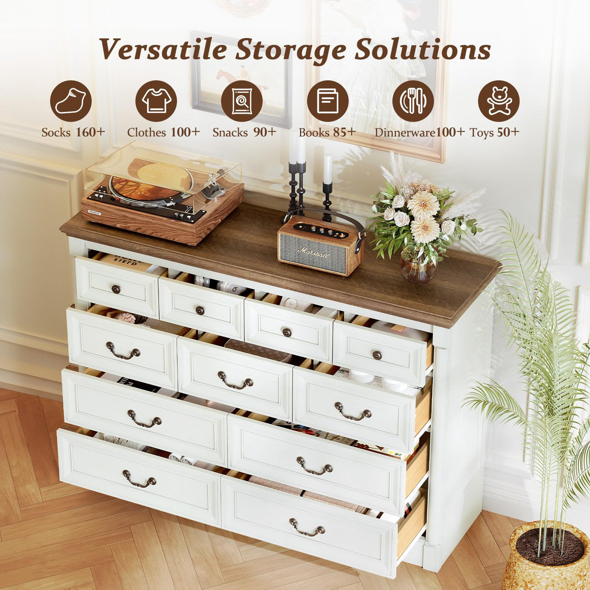 Concho Farmhouse 11 Drawers Dresser for Bedroom, 53'' Wide Wood Chest of Drawers with Spacious Deep Storage Space, Rustic Storage Dressers Organizer, TV Stand for Living Room, Bedroom, Antique White Concho