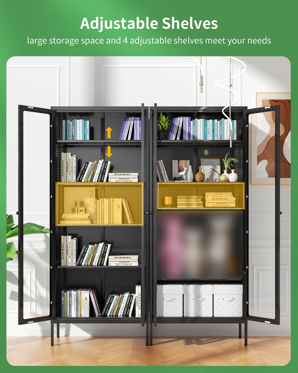 Bonusall Display Cabinet with Glass Doors,67” Metal Display Curio Cabinet with Glass Doors and 4 Adjustable Shelves for Collectibles,Home Office,Living Room,Gaming Room(Black) Bonusall