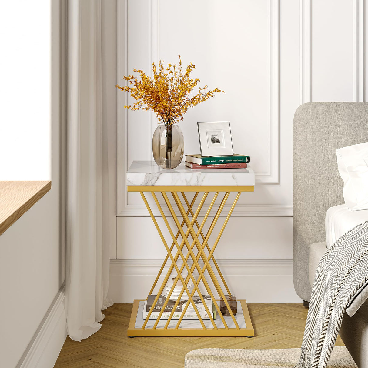 Tribesigns Square End Table White Gold 2-Tier Side Table Modern Small Bedside Table with Storage for Couch, Sofa Side Table with Stylish Metal Frame for Living Room (2, Faux Marble White+Gold) Tribesigns