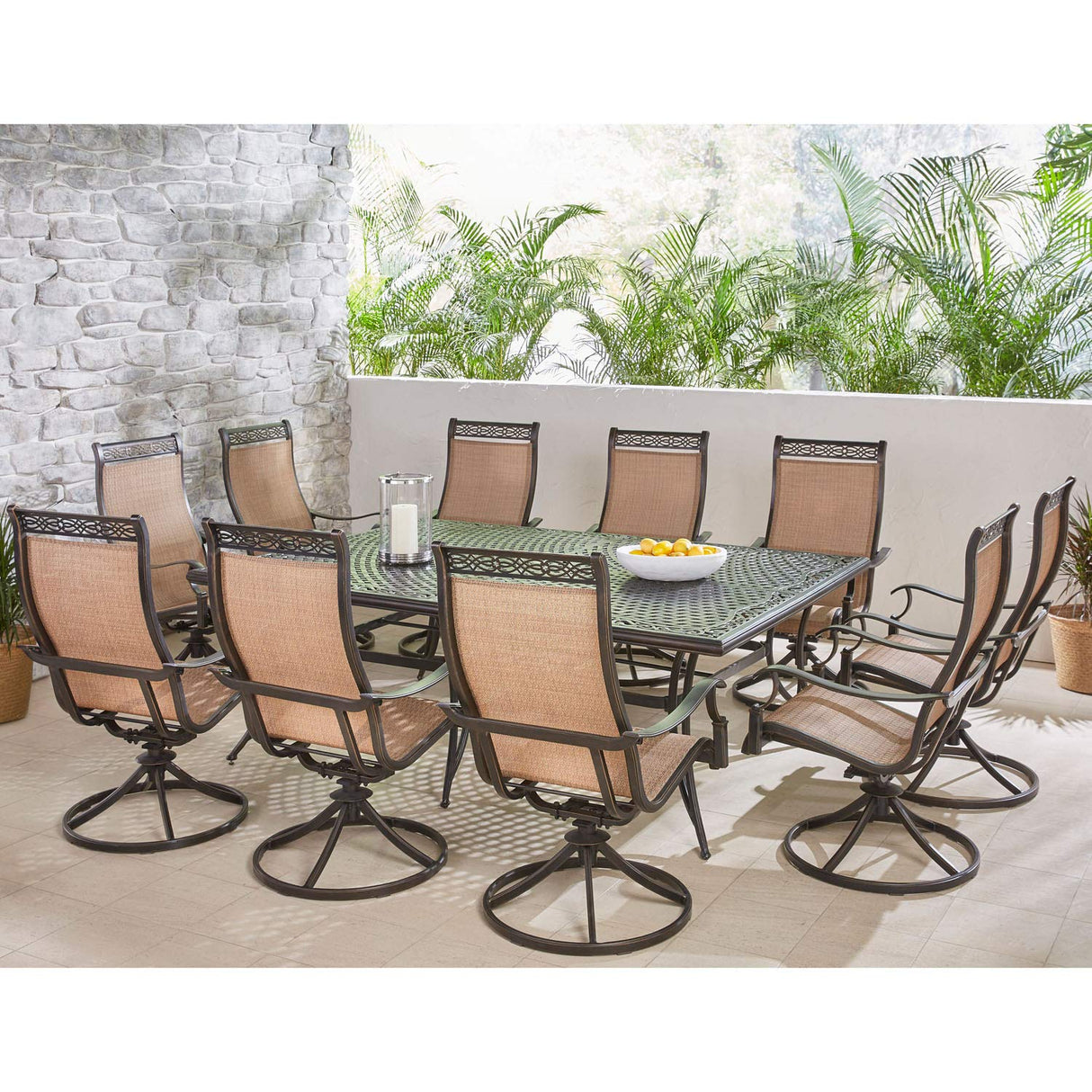 Hanover Manor 11-Piece Outdoor Dining Set with 10 Comfortable Swivel Rockers and an Extra-Large 60" x 84" Aluminum Cast-Top Dining Table, 10 person Patio Table and Chairs for Backyard, Deck, Porch Hanover