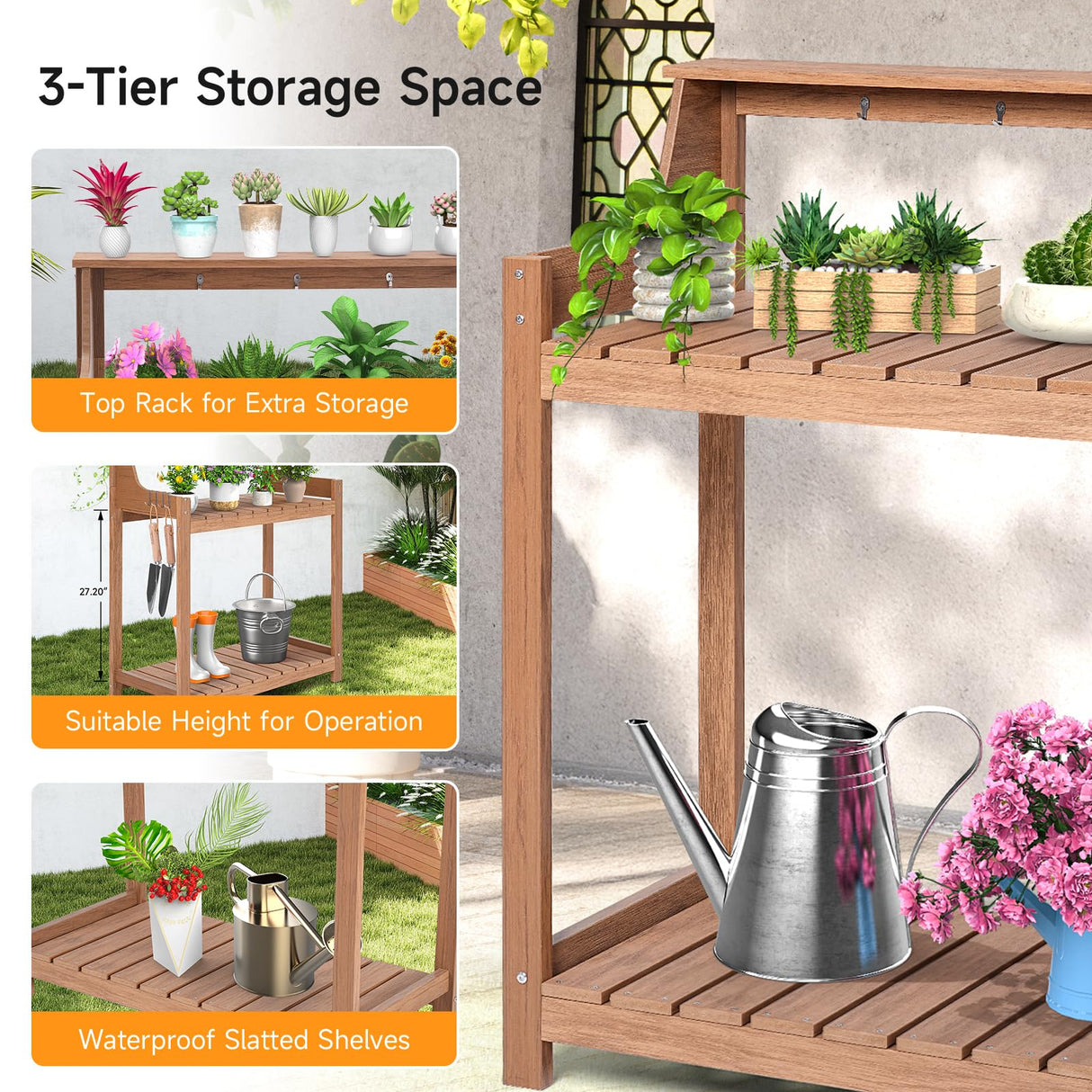 ONBRILL HDPS Potting Bench, All Weather Potting Table with 8 Hooks and Highten Tabletop, Easy Assembly Garden Work Bench, Outdoor Potting Benches for Outside Patio Lawn, 360LBS Capacity, Teak ONBRILL