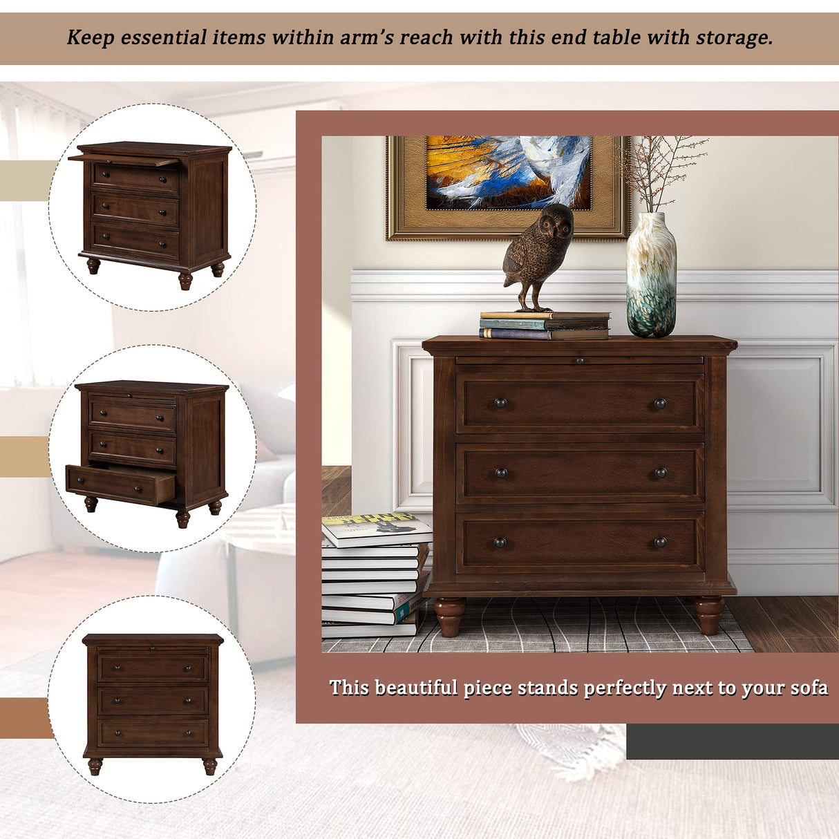 Merax Wood Nightstand with Drawers Set of 2, Bedside End Table with Pull Out Tray, Brown Merax
