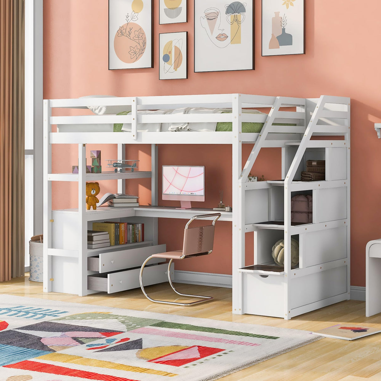 SOFTSEA Multi-Functional Full Loft Bed with Desk, Stairs, and Storage in White SOFTSEA