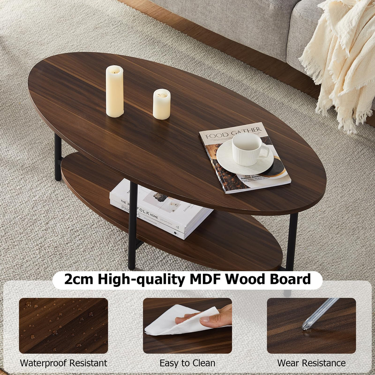 TUKAILAi Oval Coffee Table with Open Storage Shelf, 2-Tier Wooden Tea Table with Adjustable Feetpad, Industrial Center Table with Cross Metal Legs for Living Room, Bedroom, Lounge (Rustic Brown) TUKAILAi