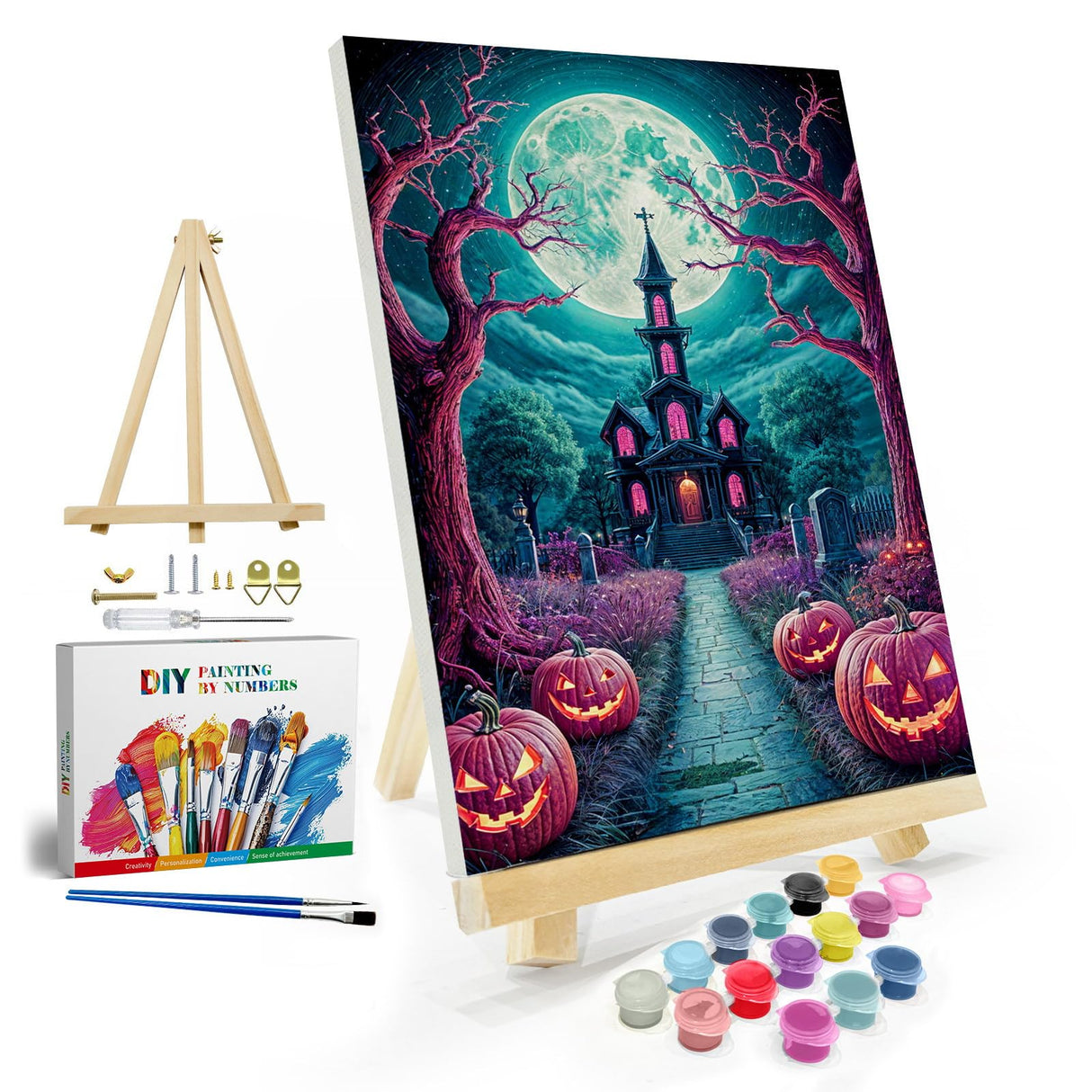 JOOZ Halloween Paint by Numbers Kit for Adults with Frame, Moon Castle Pumpkin Paint by Number with Easel, DIY Halloween Framed Paint by Number Kits for Home Wall Decor 8x12 Inch JOOZ