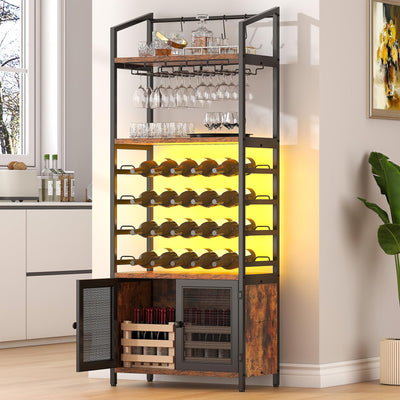 Bigbiglife Wine Rack Freestanding Floor with LED Lights, 4-Tier Industrial Wine Rack, Bar Cabinet for Liquor and Glasses, Wine Storage Cabinet for Living Room, Home Bar