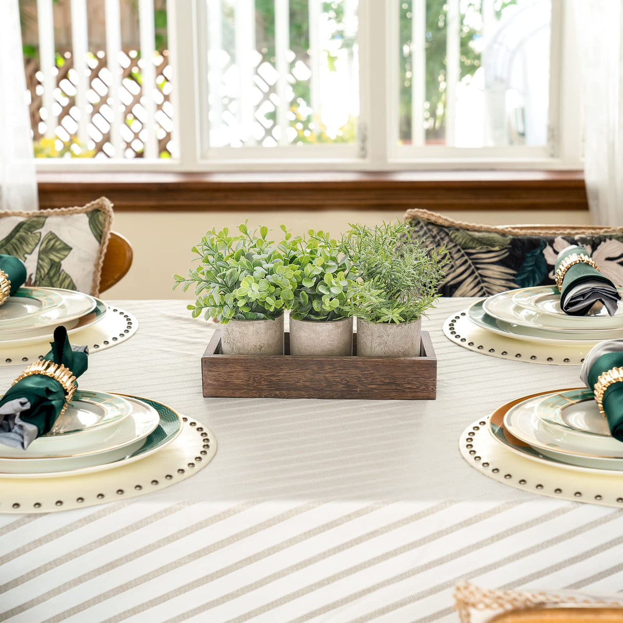 Dahey 3 Pack Mini Potted Artificial Eucalyptus Fake Plants with Wood Tray Centerpiece Table Decorations, Farmhouse Pulp Flower Pots Greenery Home Decor for Coffee Table Dining Room Office Kitchen Dahey