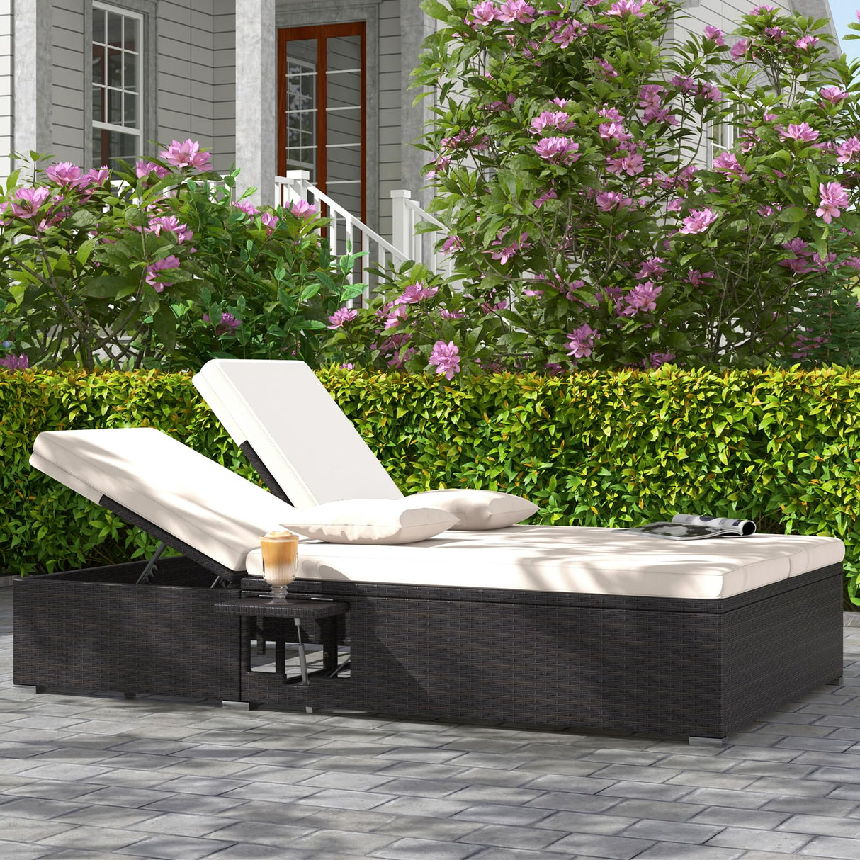 HAPPYGRILL Outdoor Patio Lounge Daybed PE Wicker Double Chaise Lounge with 6-Position Adjustable Backrests, Soft Pillows & Cushions, 2-Person Reclining Sunbed with Foldable Cup Trays HAPPYGRILL