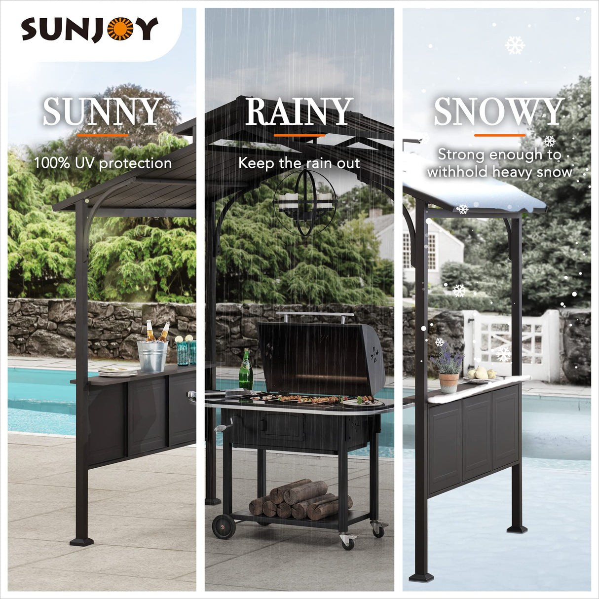 Sunjoy Grill Gazebo 5 ft. x 8 ft. Brown Steel Frame Double Tiered Hardtop Gazebo with Ceiling Hook and Shelves Sunjoy