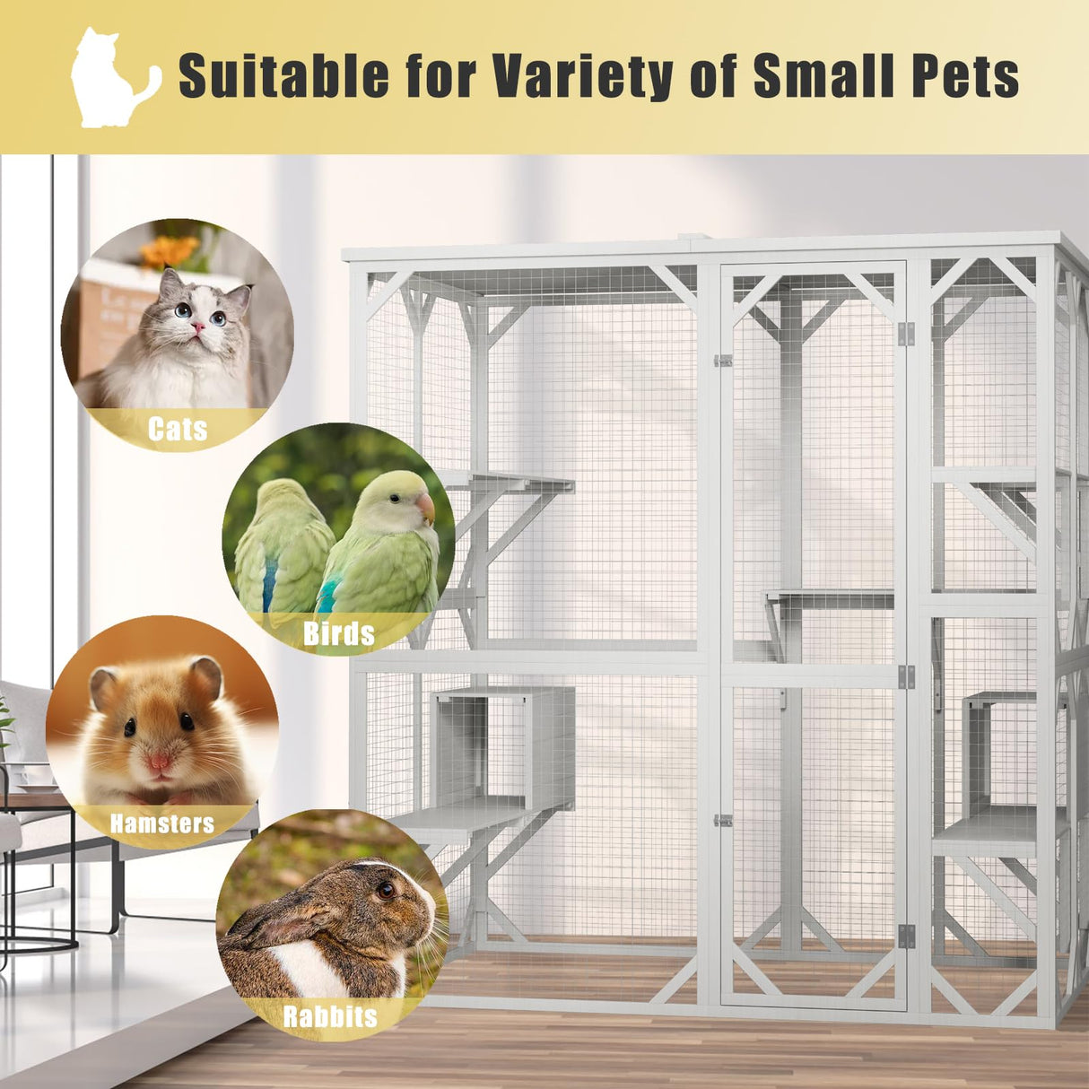 ROOMTEC Outdoor Catio with Roof 71.3" Height Large Wooden Cat Enclosure with 3 Jumping Platforms and 2 Napping Houses Cat Cage for Cat Activity (White) ROOMTEC