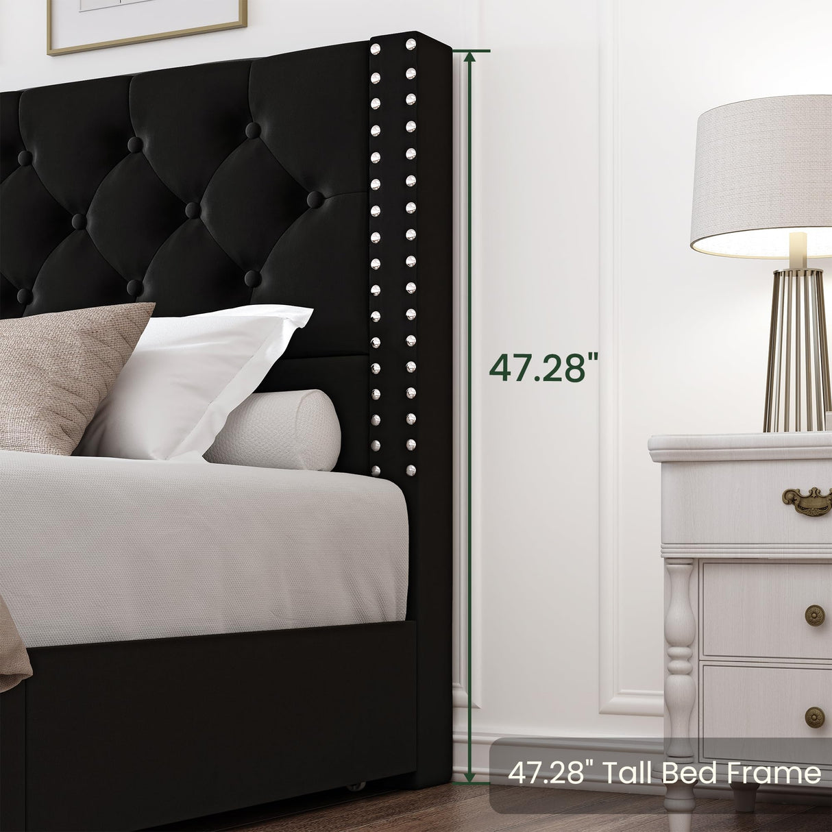 LARMACE Full Size Platform Bed Frame with 4 Storage Drawers and Headboard Velvet Upholstered Bed Frame Tufted Beds with Wood Slats Support, Easy Assembly, Noise-Free, Black LARMACE