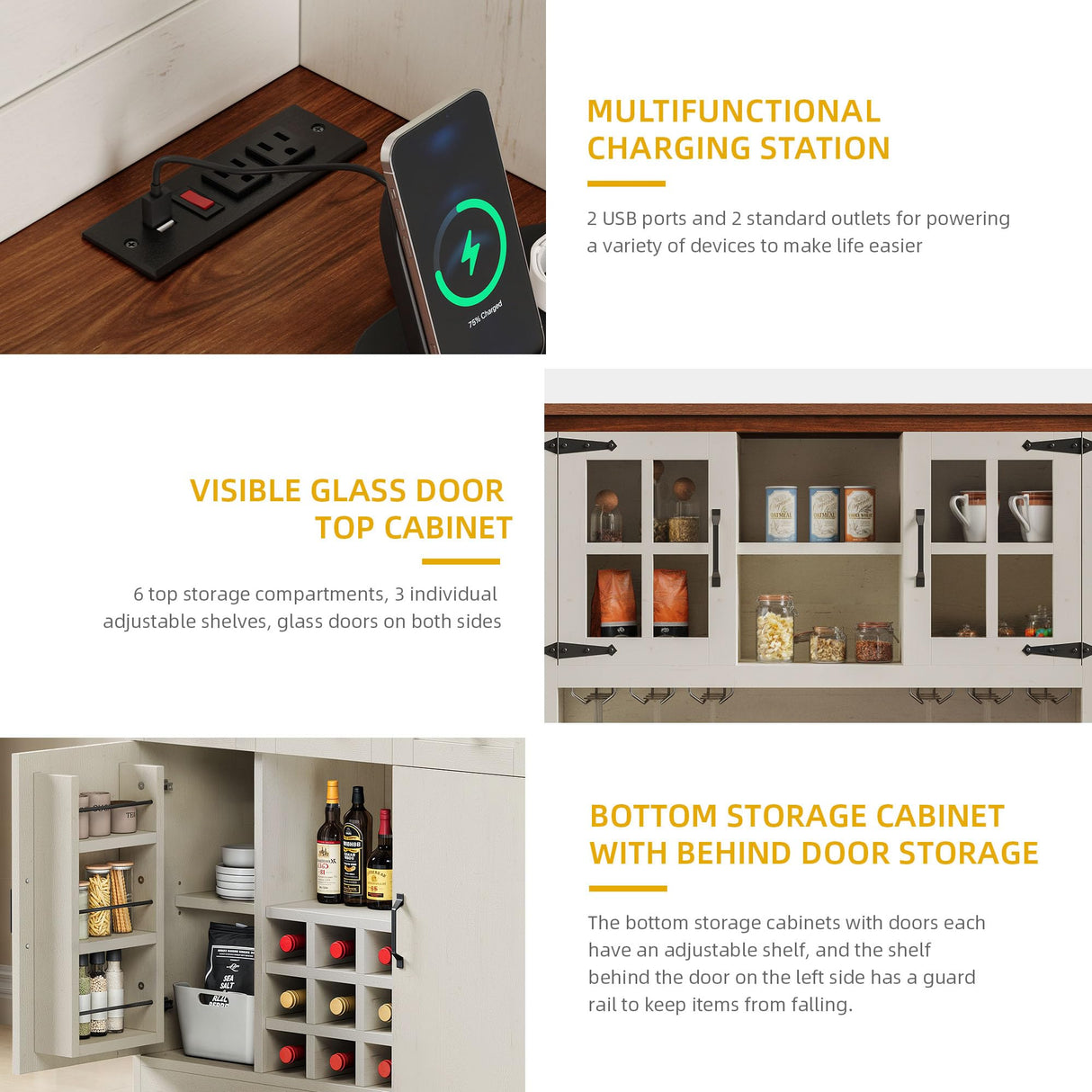 DWVO Coffee Bar Cabinet with Power Outlet/Lights, 72" Farmhouse Pantry Cabinet with Storage Shelves and 3 Drawers, Tall Liquor Cabinet Bar Cabinets for Home/Living Room, Antique White DWVO