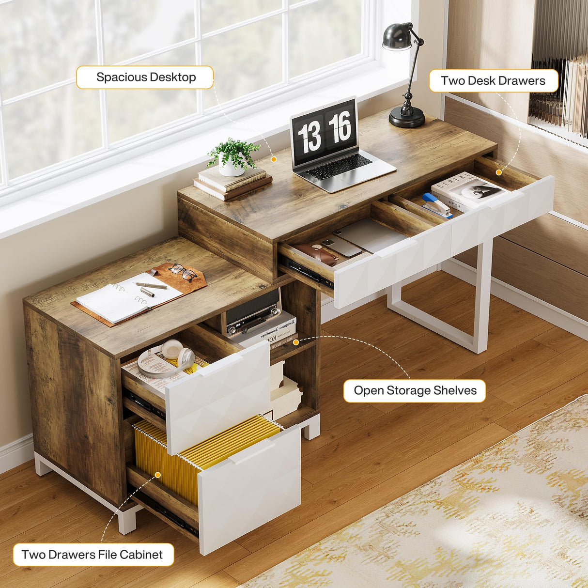 Tribesigns Computer Desk with File Drawer Cabinet, Reversible 4 Drawers Office Desk with Open Storage Shelves & Printer Space, Wood Study Writing Desk Workstation for Home Office, White Brown Tribesigns