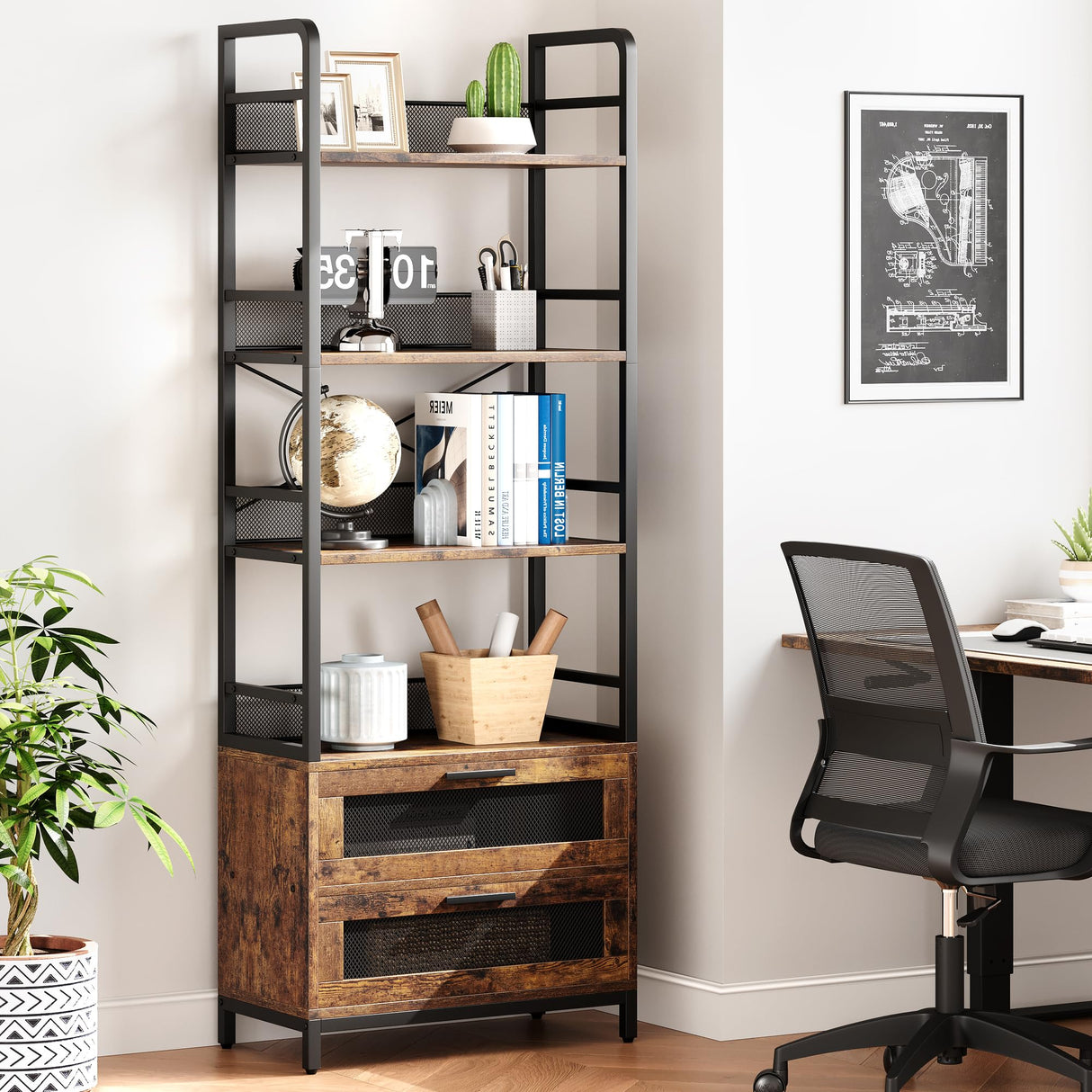 IDEALHOUSE Bookshelf with Drawers Industrial Bookcase with 4 Tiers Open Storage Shelves Rustic Bookshelves 70.87" Tall Display Racks Farmhouse Bookshelf for Bedroom, Living Room, Home Office, Brown IDEALHOUSE