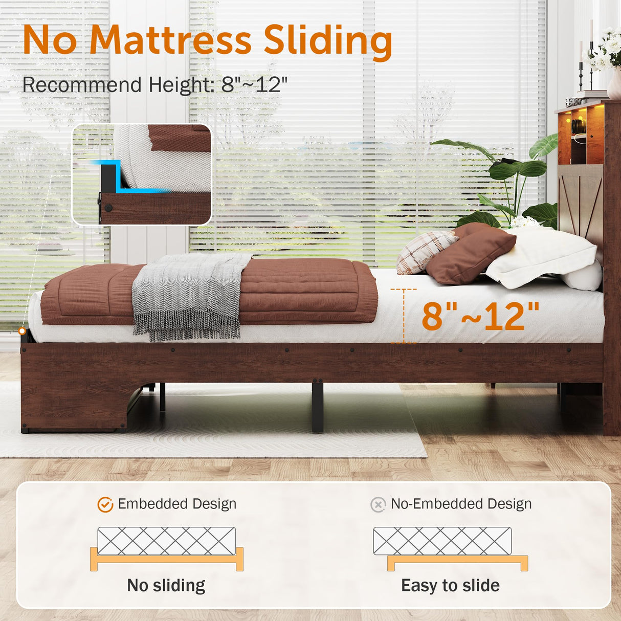 Ufurpie Queen Size Bed Frame with 5-Tier Bookcase Headboard & Storage Footboard, USB Charging Station & LED Lights, Sturdy 1200 lbs Steel Support, No Box Spring Needed,Brown Ufurpie