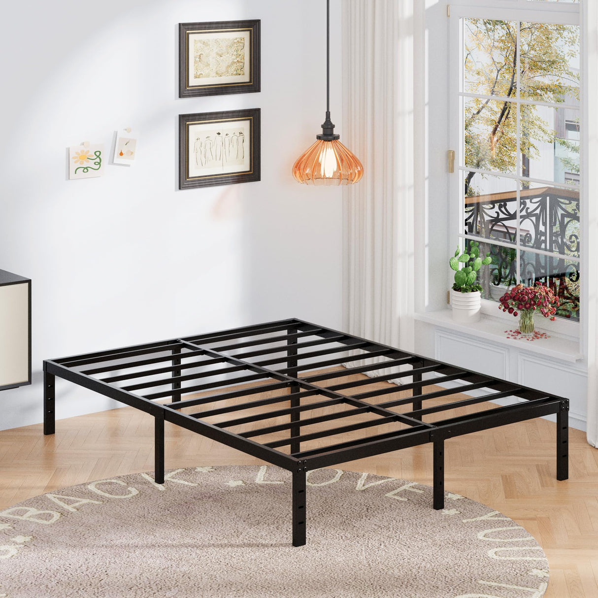 Upcanso 16 Inch King Size Bed Frame with White Skirt Cover, Metal King Bed Frame with Storage, No Box Spring Needed, Heavy Duty, Easy Assembly, Noise Free, Mattress Foundation Upcanso