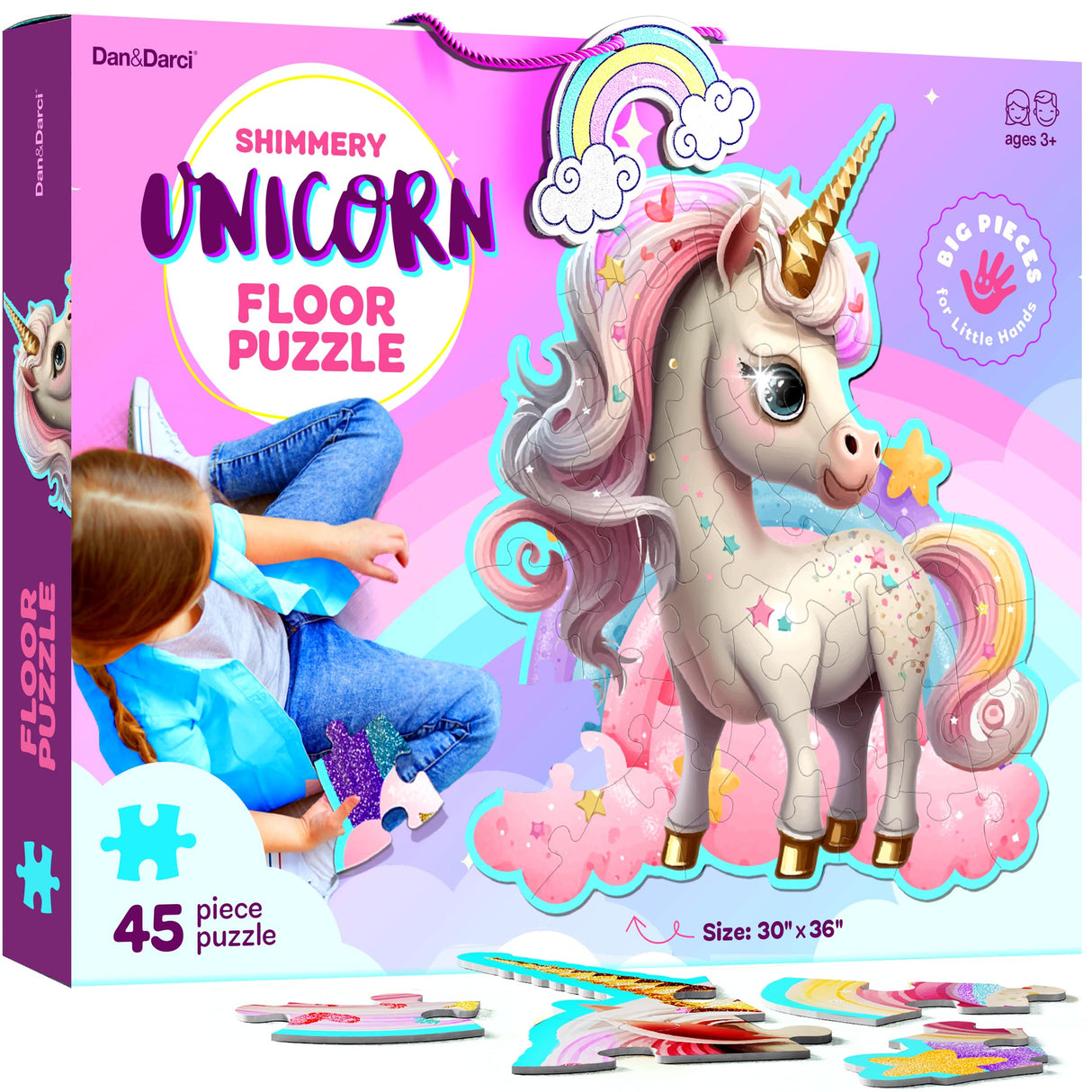 Dan&Darci Jumbo Shimmery 45-Piece Unicorn Floor Puzzle for Kids Ages 3-6 Years Old- Large Toddler Puzzles Age 3, 4, 5, 6 Year Olds - Easter Toys for Girls - Little Girl Birthday Gift Dan&Darci