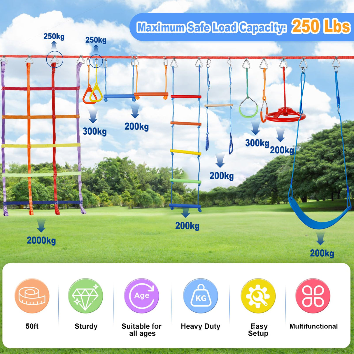 50ft Ninja Warrior Obstacle Course for Kids with Swing, Ninja Course for Kids Outside with 11 Accessories--Trapeze Swing, Climbing Net, Rope Ladder, Outdoor Playset with Monkey Bars ITEFDTUTNE