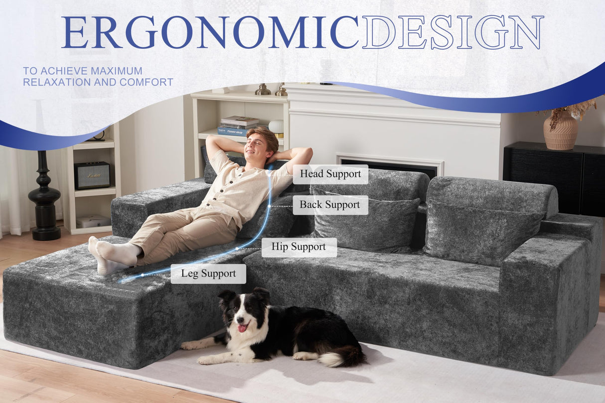 HABUTWAY 105" L-Shape Modular Sectional Sofa Couch for Living Room,No Assembly Required,Modular Comfy Sofa with Deep Seat for Living Room Bedroom,Luxury Distressed Velvet(Left,Grey) HABUTWAY