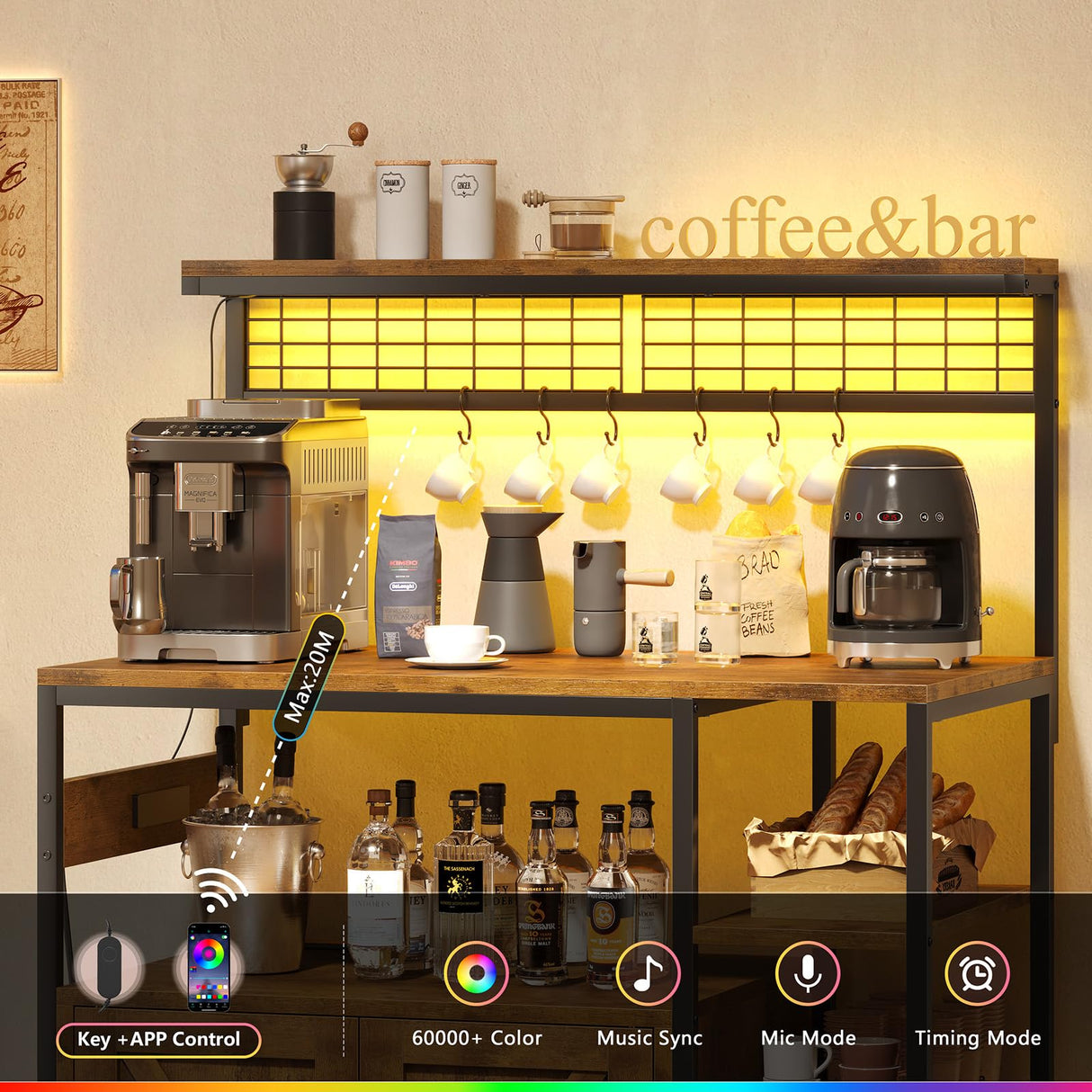 TVU Bakers Rack with Power Outlet and LED Light, Microwave Stand with Storage Cabinet, Coffee Bar Cabinet Station with 6 Hooks for Kitchen, Dining Room, Living Room, Coffee Bar, Rustic Brown TVU