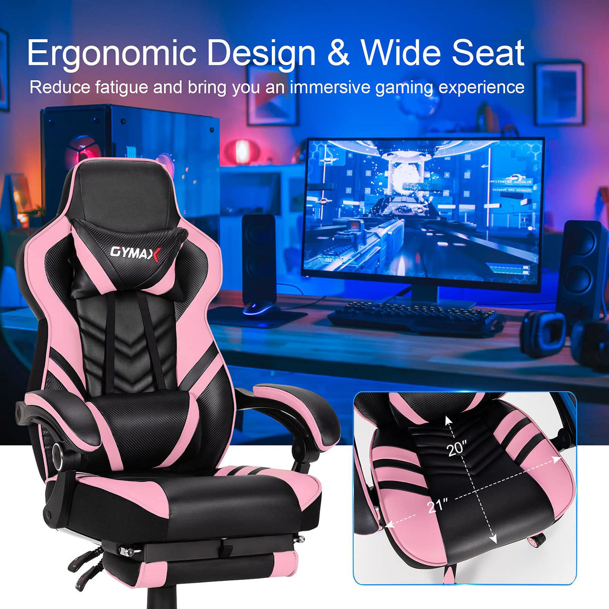 GYMAX Gaming Chair, Ergonomic Computer Chair with Footrest, Linkage Armrests & Lumbar Cushion, Big Wide High Back Video Gaming Chair, Reclining Office Rolling Chair for Adult/Teens (Pink) GYMAX