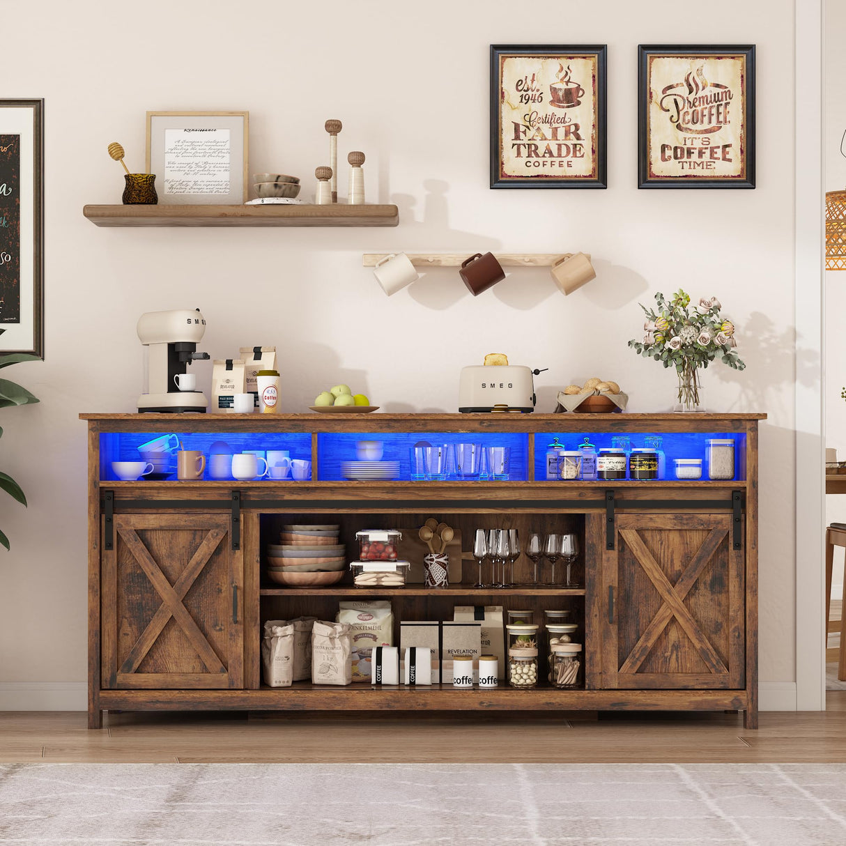 70" LED Farmhouse TV Stand for 80/75/70 Inch TVs,Tall Entertainment Center Storage Cabinets w/Power Outlets and Sliding Barn Door,Rustic TV Stands for Living Room,Media Console Cabinet (Brown) Hlivelood