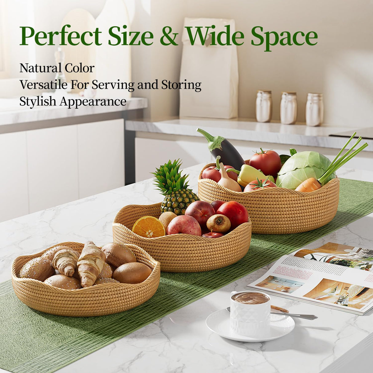 LAVNTM Rattan Bread Basket, 3 Pack Hand Woven Round Fruit Baskets for Serving, Picnic Basket, Wicker Storage for the Living Room Kitchen (Honey Brown) LAVNTM