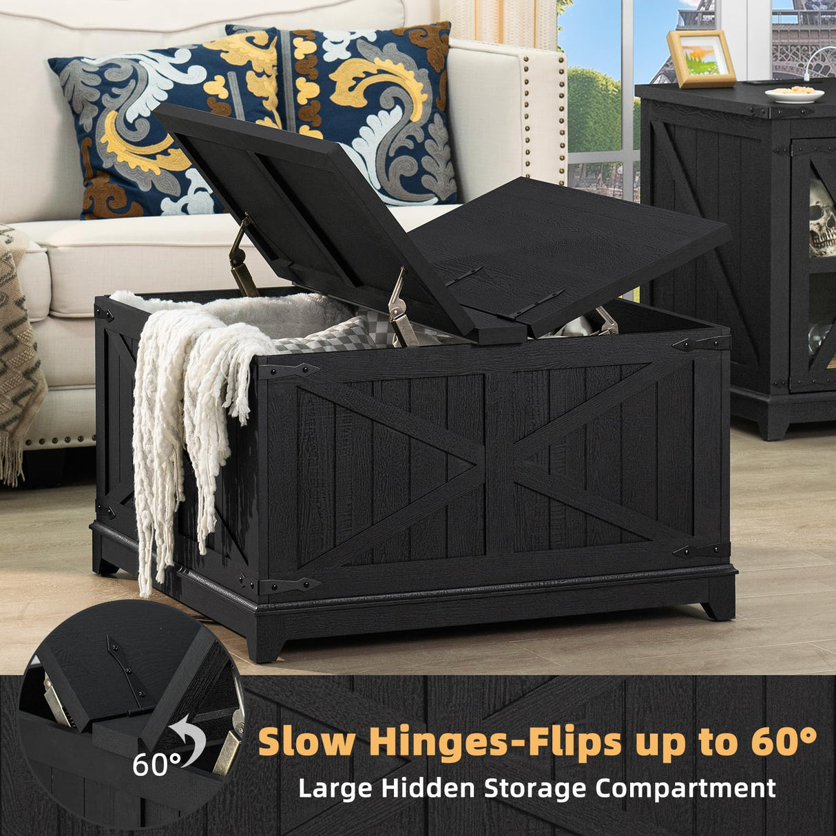 Joaxswe Farmhouse Coffee Table with Hidden Storage Organizer, Black Square Large Center Table, Wood Farm House Low Modern Living Room Tables with Hinged Lift Top for Home, Office Joaxswe