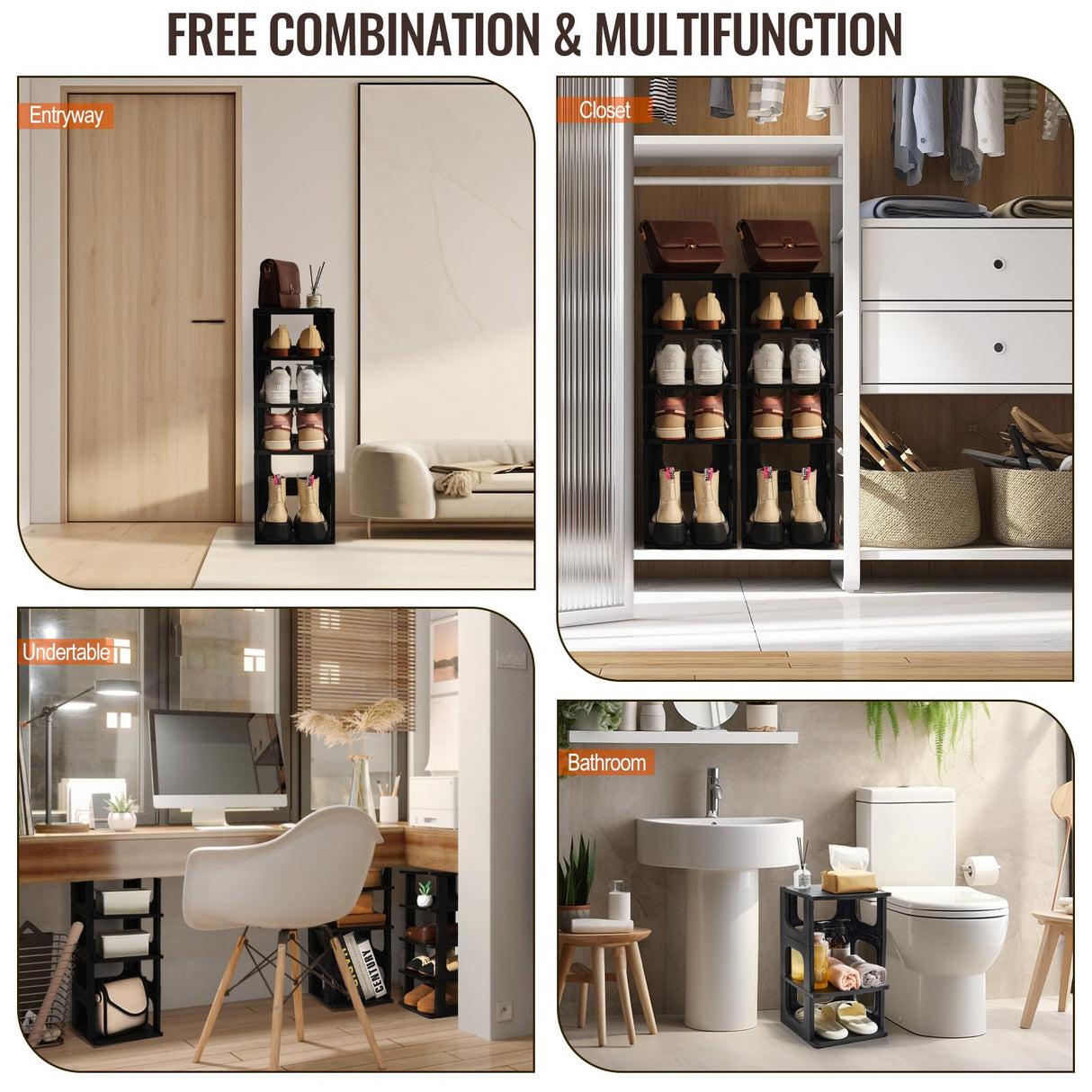 TRZZ 5-Tier Small Shoe Rack, Vertical Narrow Stackable Organizer with Removable Partition, Efficient Shoe Storage for Closet, Entryway, and Small Spaces (Black) TRZZ