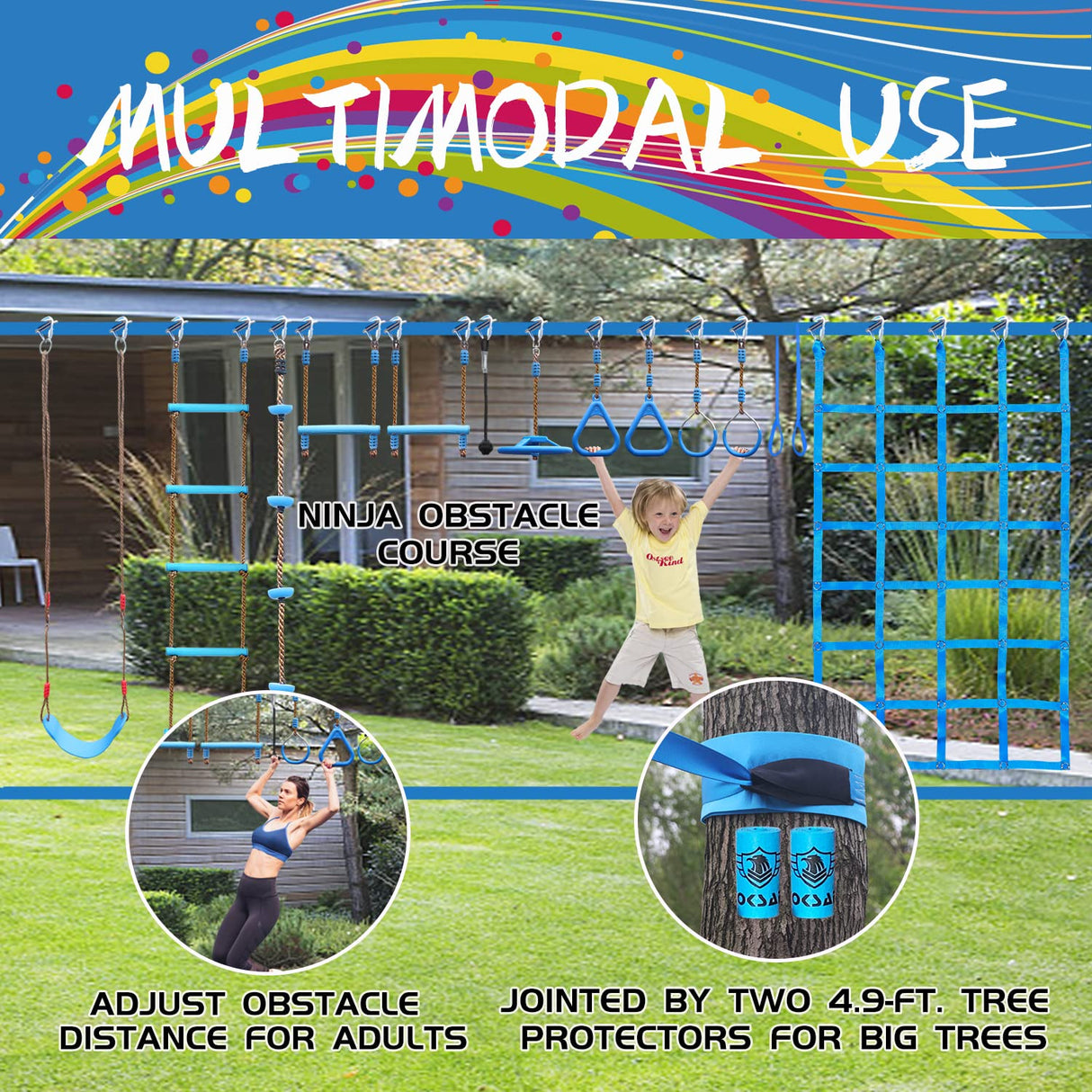 VOKSAFE 56' Weatherproof Ninja Warrior Hanging Obstacle Course Line Backyard Training Equipment Set for Kids, 12 Obstacles, Like Walking Line, Net, Swing VOKSAFE