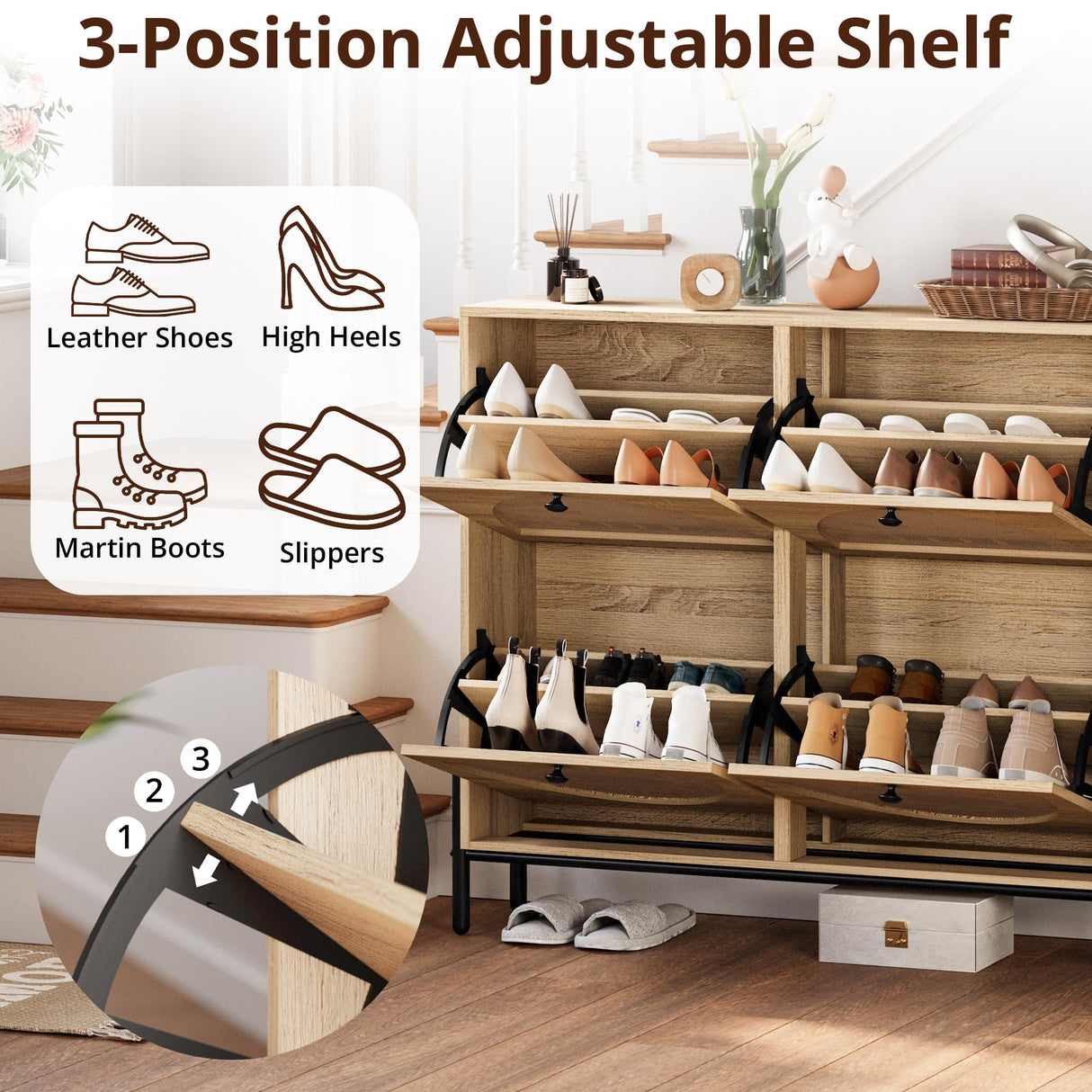 IRONCK Rattan Shoe Cabinet Storage with 4 Flip Drawers, Freestanding Shoe Storage Organizer Cabinet for Entryway, Narrow Shoe Rack Cabinet, Oak IRONCK