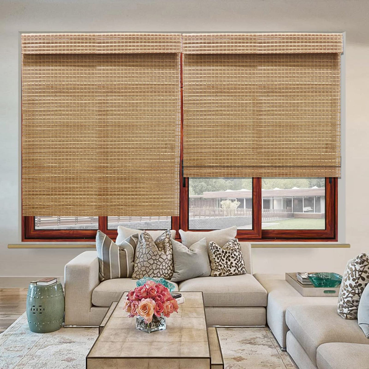 LANTIME Wood Cordless Roman Shades, Lined Blackout Bamboo Window Shades Blinds, Rubkhari LANTIME