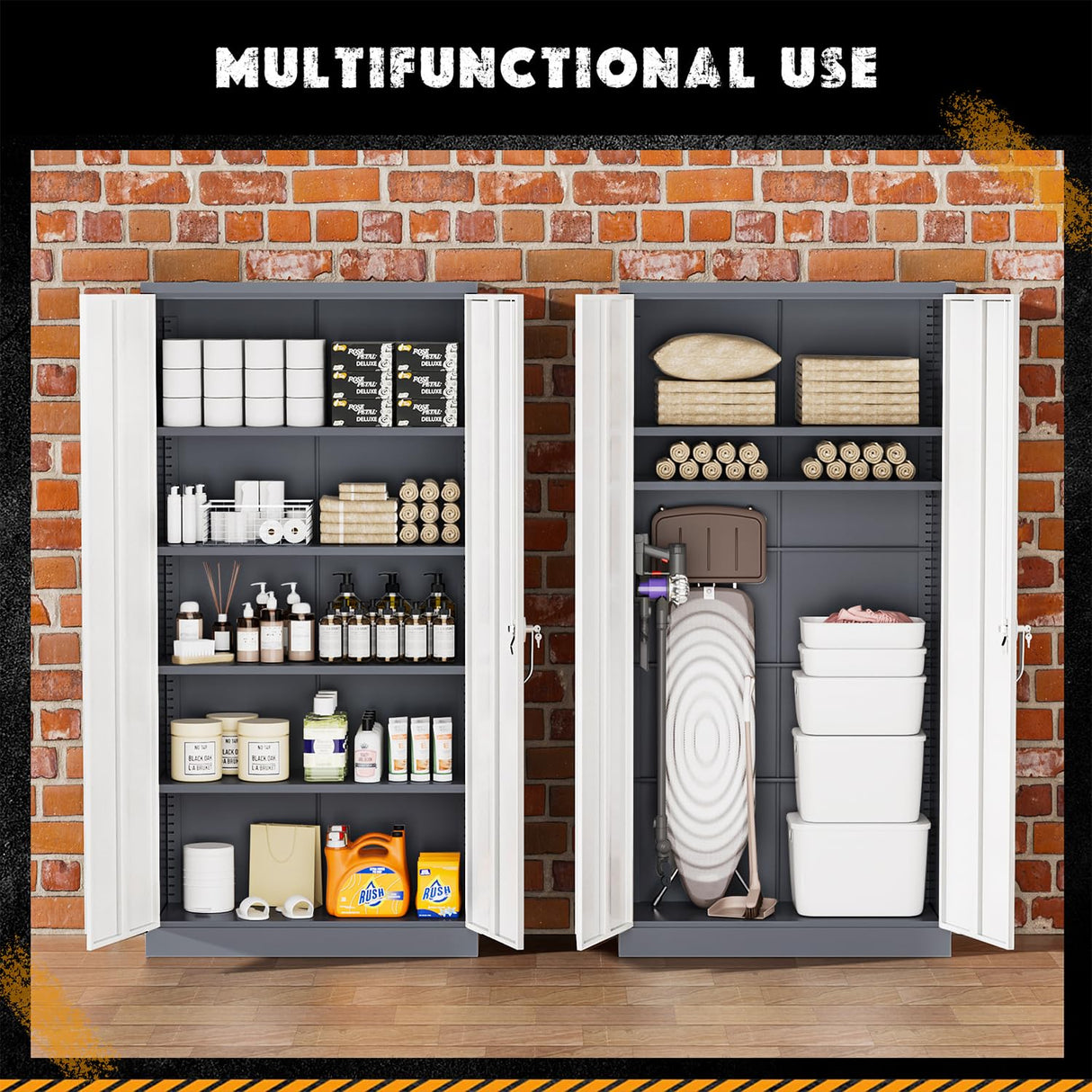 Greenvelly Metal Garage Storage Cabinet, Tall Locking Storage Cabinet with 2 Doors and 4 Adjustable Shelves, Steel Tool Cabinet, Lockable Filling Cabinet for Home, Office, Garage, School (Gray White) Greenvelly