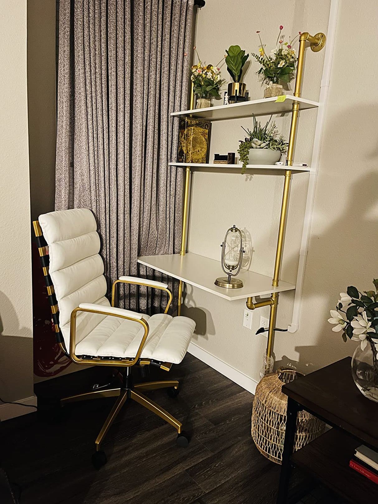 MAIKAILUN White and Gold Desk, 36" Ladder Desk, Wall Mount Computer Writing Table Pipe Shelf Shelving Mini Narrow Industrial Modern for Small Spaces(36x20x81) MAIKAILUN