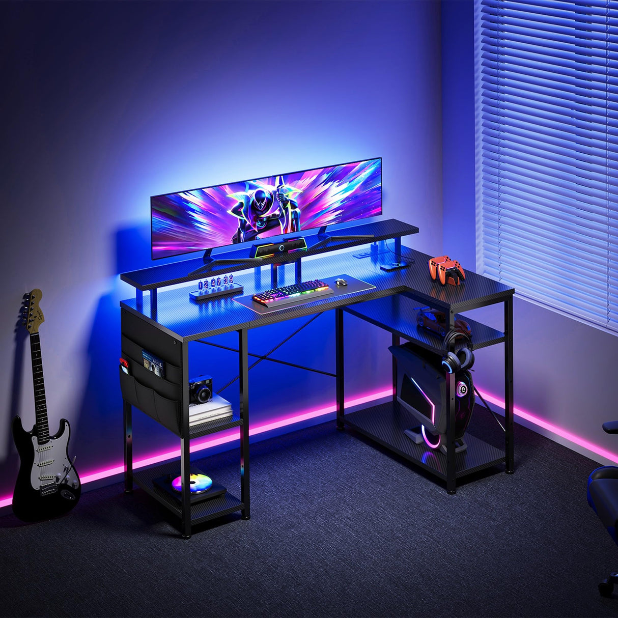 Maihail 51 inch L Shaped Desk with LED Lights & Power Outlets, Reversible Gaming Desk with Shelves & Monitor Stand, Computer Desk with Storage Side Bag,Corner Desk for for Bedroom Gaming Room, Black. Maihail