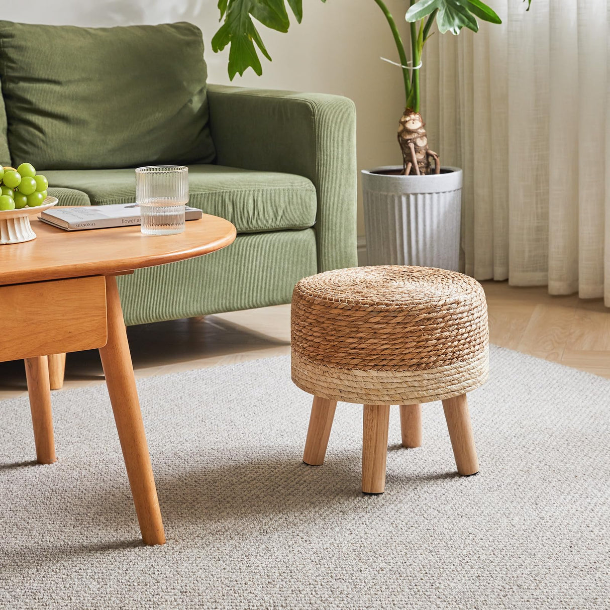 YMYNY Foot Stool Natural Seagrass Hand Weave, 12.6" Small Ottoman, Round Footrest for Living Room, Bedroom, Entryway, Change Shoes Stool, Non-Skid Wood Legs, Boho, Natural+White, UHBD027W YMYNY